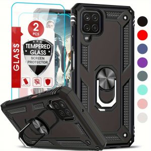 Samsung Case A12 Stand, 2 Tempered Glass Screen Protectors